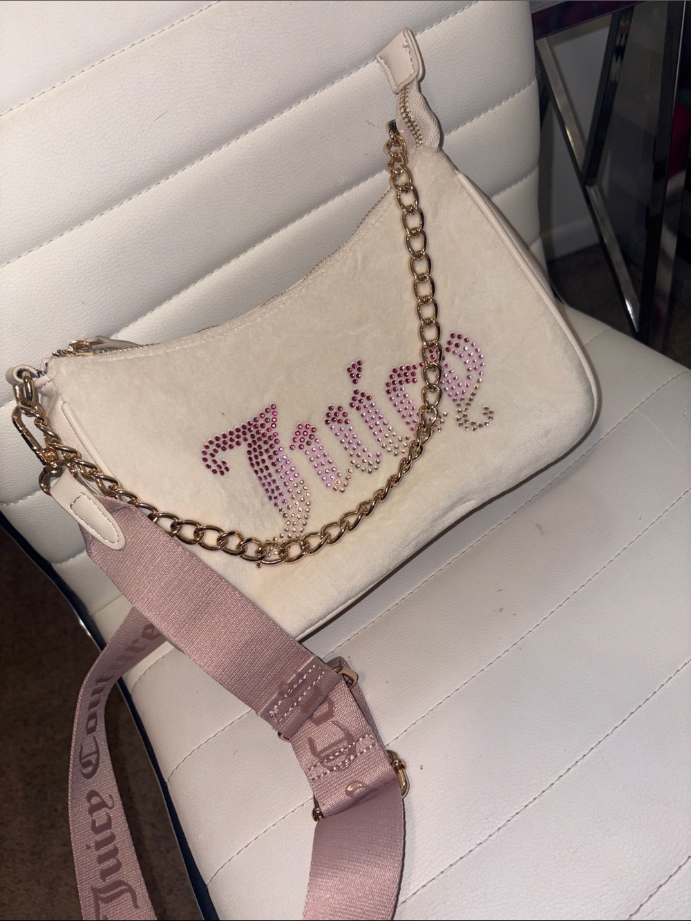 Juicy Couture Cream Shoulder Bag with Pink Crystal 'Juicy' Logo